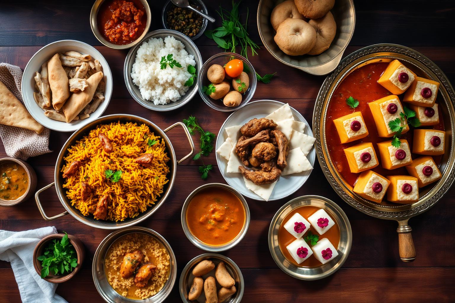 An abundant overhead spread of homemade Bangladeshi food and Bengali sweets